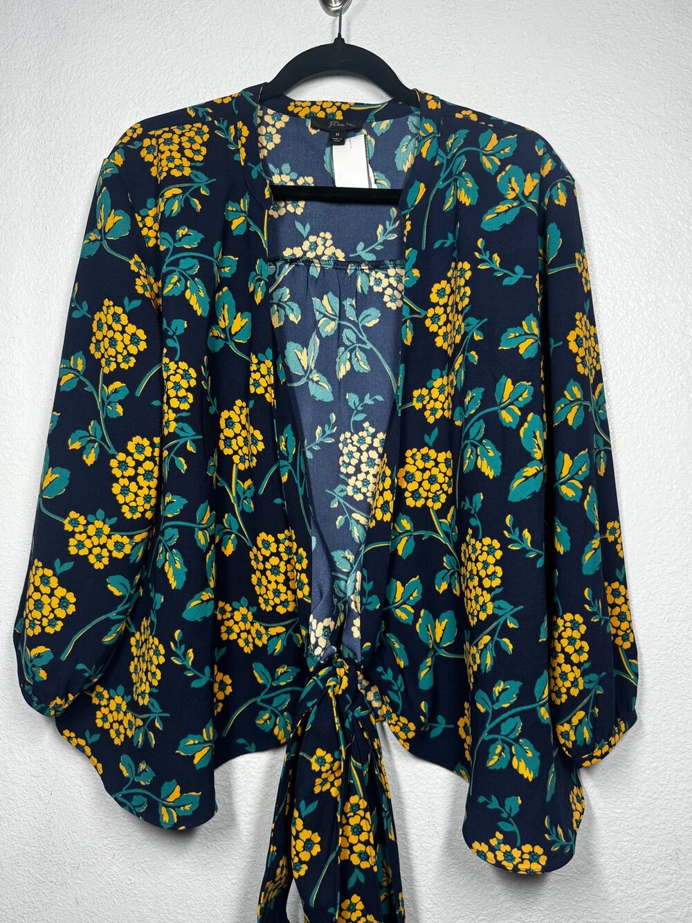 J.Crew Drapey Crepe Wrap Top Blue Yellow Floral V-Neck Long Sleeve M Women